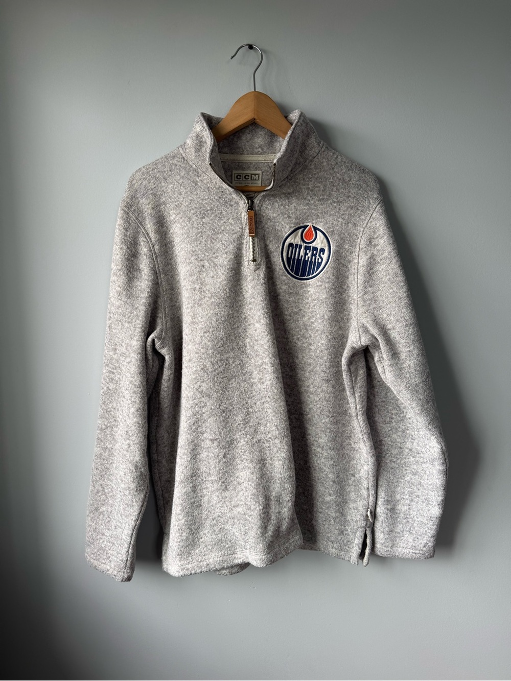 CCM Men's Light Gray Quarter-Zip Sweater with Oilers Crest